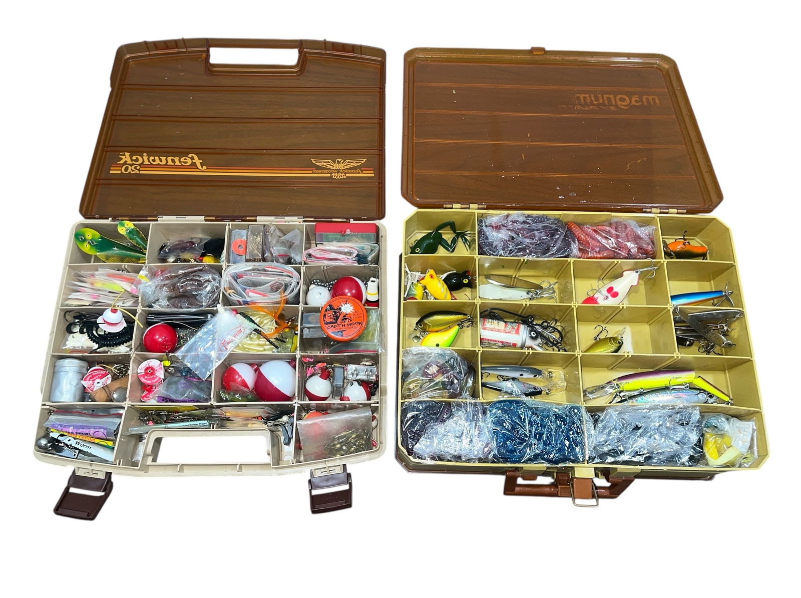 Vintage Tackle Boxes with Fishing Lures and Accessories: Includes brands Bagley, Heddon, Shakespeare and more. Larger tackle box measures 11.5" H x 15" W x 5.25" D.
