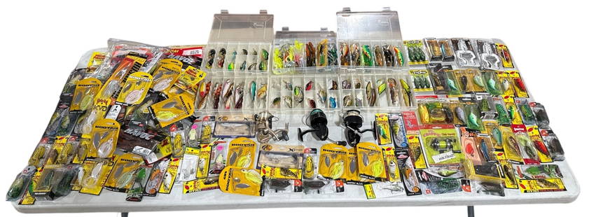 Large Collection of Fishing Lures, Bait, & Reels: Assorted brands including Rapala, Mitchell, Garcia Mitchell, South Bend, and more. Tackle boxes measure 2" H x 11" W x 7" D.