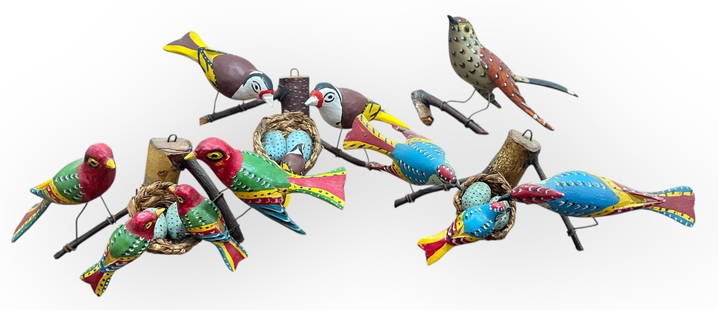 Collection of Polish Folk Art Bird Trees: The largest measures 5" H x 10.5" W x 5.5" D. Most are marked "Tw?rca Ludowy" on the bottom.