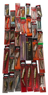 Collection of Rapala Fishing Lures, NOS: Largest package is 8" H x 1.5" W x 1" D.