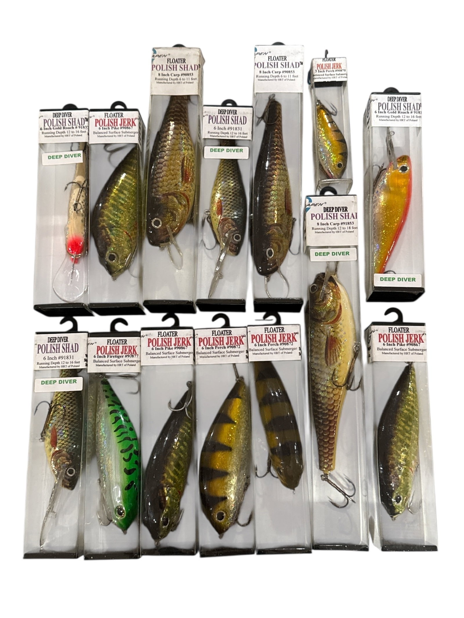 Rare POLISH JERK Fishing Lures: Largest package is 13" H x 2" w x 2" D for an 8" carp.