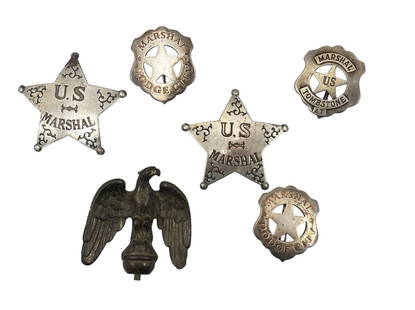 Collection of Vintage U.S. Marshall Metal Badges: Largest measures 3" H x 3" W x 1" D.