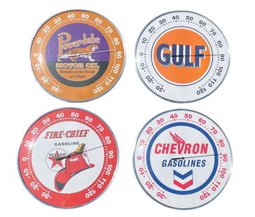 Collection of Domed Glass Advertisement Thermometers: All measure 12" DIA. Includes Power-Lube, Gulf, Chevron, and Texaco.