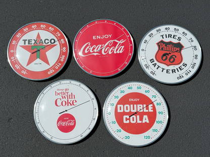 Collection of Domed Glass Advertisement Thermometers: All measure 12" DIA. Includes Coca Cola, Double Cola, Texaco, and Phillips 66.