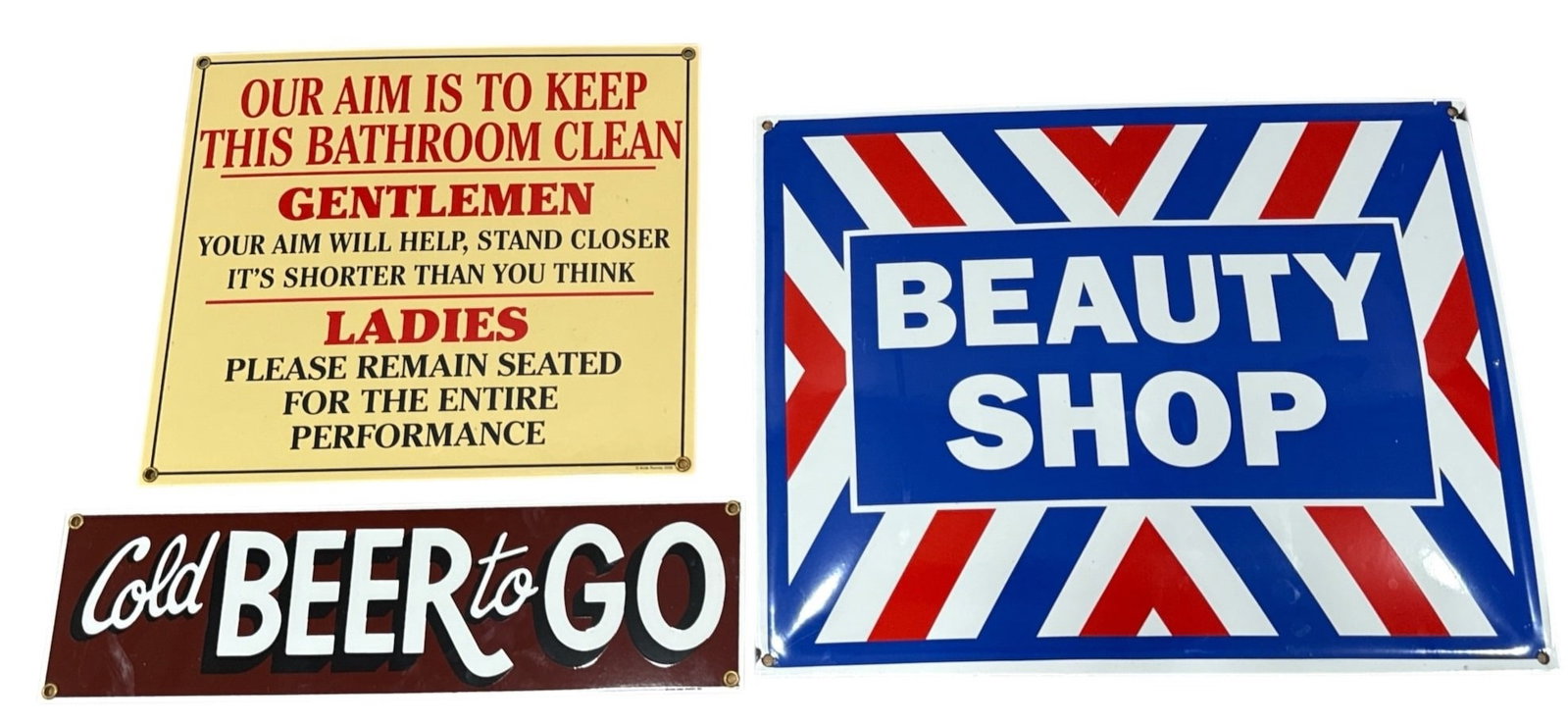 Three Decorative Enamel Signs, COLD BEER TO GO: Contemporary. Largest measures 16.25" H x 12.75" W.