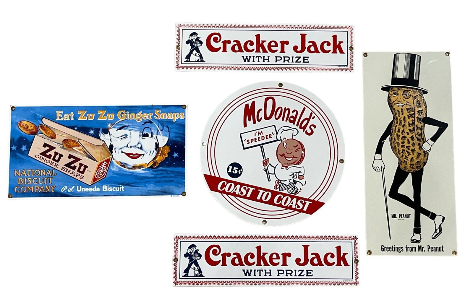 Five Advertisement Enamel Signs: Contemporary. Largest measures 13.5" H x 9.25" W.