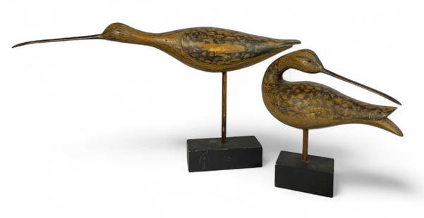 Two Vintage Shore Bird Decoys on Stands: The taller decoy measures 12" H x 3.5" W x 23" D.