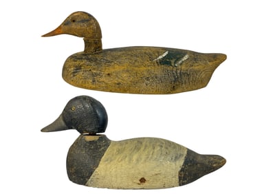 Two Antique Wood Carved Duck Decoys, Glass Eye