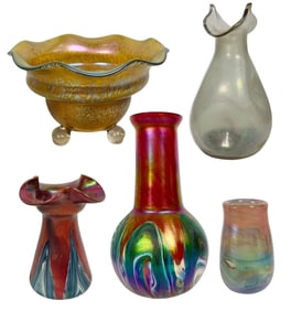 A Collection of Iridescent, LOETZ Style Vases