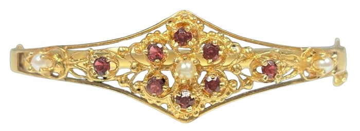 A 14k Gold, Garnet, and Pearl Cuff Bracelet