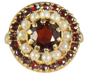 A 14k Gold Pearl and Garnet Cocktail Ring