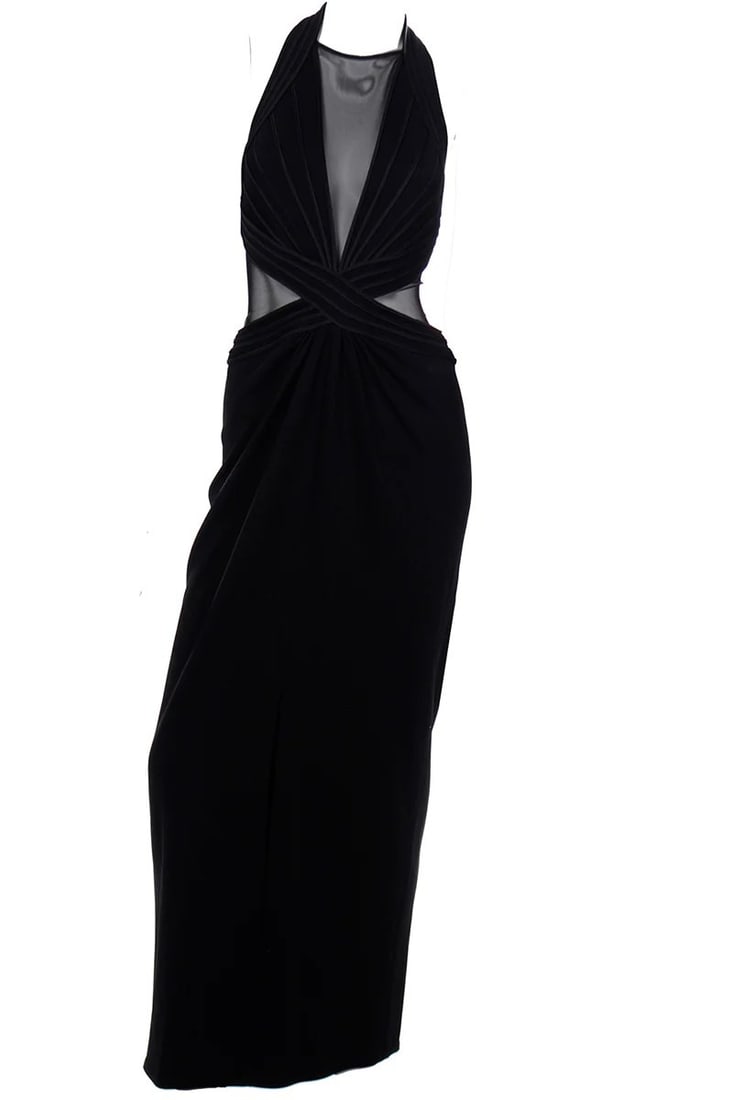 A Vintage 1990s TADASHI Long Black Evening Dress w Sheer Mesh Panels (1 of 7)