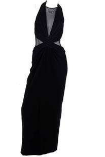 A Vintage 1990s TADASHI Long Black Evening Dress w Sheer Mesh Panels: Measures total length of 61", waist measures up to 26", up to 17" armpit to armpit.