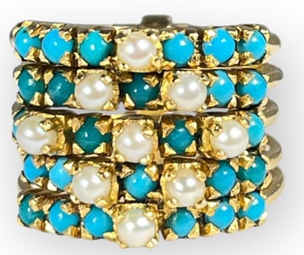 An 18k Gold, Pearl, & Turquoise Stacked Ring