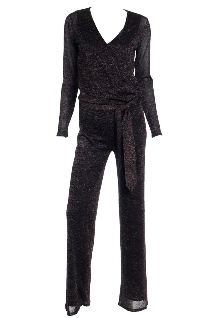 Early Y2K Vintage Black & Gold Lurex Sparkle Jumpsuit: Measure 65" total length, bust 34" - 38", waist 30" - 34" can be cinched tighter with tie belt.