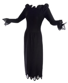 Vintage 1970s ADOLFO Black Dress, Lace & Sequin Trim