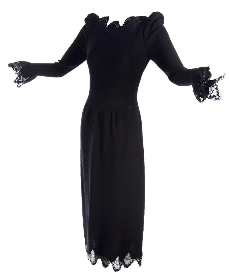 Vintage 1970s ADOLFO Black Dress, Lace & Sequin Trim: Measures 48" total length, 32-38" bust, 28'32" waist, 27" sleeve length.