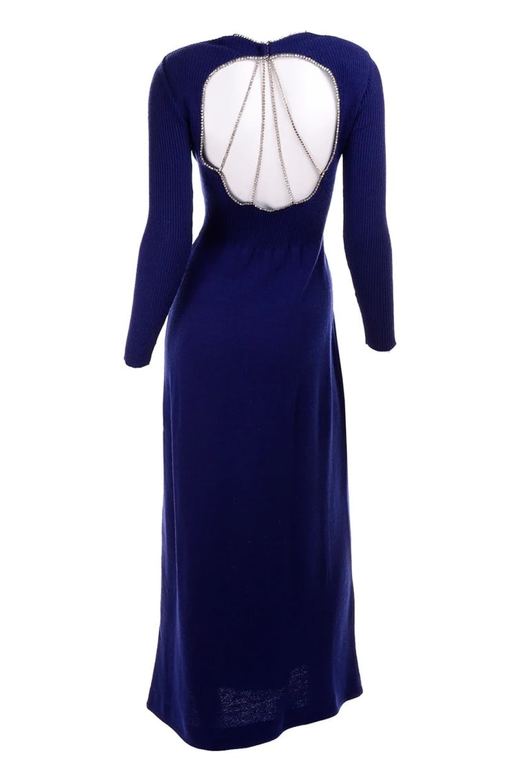 Vintage 1970s Blue Knit Evening Dress: Tagged size 8. Measures 15" shoulder to hem, bust 34 - 40", waist 24 - 30?, 25" sleeve length.