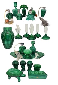 A Large Collection Art Deco Malachite Czech Glass Perfume Bottles and Vases