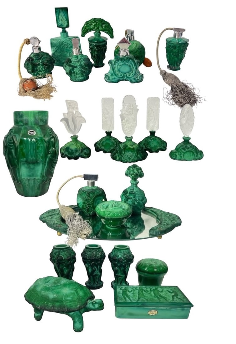 A Large Collection Art Deco Malachite Czech Glass Perfume Bottles and Vases: Measures 9.75" H x 6.5" W x 6.5" D. Tray measures 1" H x 16.5" W x 8.75" D, Ingrid perfume bottle with stopper measures 6.5" H x 4" W x 1.5" D, perfume bottle with atomizer measures 5" H x 3.5" W x 3.
