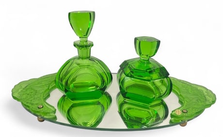 An Art Deco Green Czech Glass Vanity Set