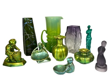 A Collection of Iridescent & Amethyst Glassware, ZSOLNAY Ceramic