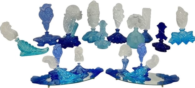 A Collection of Blue Czech Art Glass Perfume Bottles