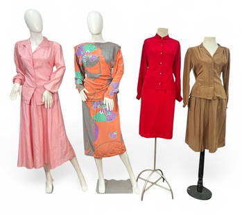 Four 1980s Womens Silk Skirt Sets, CALVIN KLEIN: The brown Bijou set is a tagged size 6 but would fit a modern day small, the red Calvin Klein set is tagged size 8, the light pink Matthew Lombardi for Banco set is tagged size 10 for the top and a si