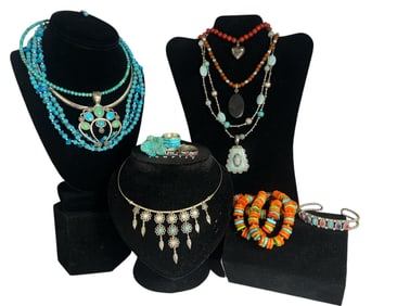 A Collection of Southwestern Turquoise & Coral Jewelry, Mostly Sterling Silver