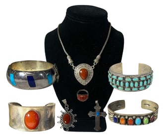 Collection of Sterling Silver, Mexican Sterling, Turquoise & Carnelian Jewelry