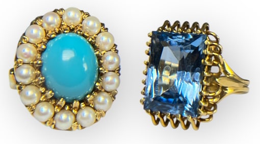 Two 14k Gold Cocktail Rings, Pearl, Turquoise, & Blue Topaz