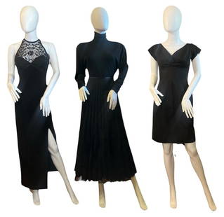 Collection Women's Vintage Black Evening Wear, DONNA KARAN, LEIKO: Black cap sleeve Miami Casuals dress measures 33.5" total length, 12" armpit to armpit, 20" waist. Donna Karan bodysuit measures 28" total length, 21" sleeve length and labeled a size M. The Leiko ski