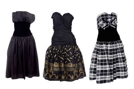Three 1980s Black Strapless Evening Dresses, VICTOR COSTA, ZANDRA RHODES: 1980s black taffeta & velvet dress measures total length measures 41", 24" waist, 16" armpit to armpit, the Victor Costa white tartan plaid dress measures 34.5" total length, 16" armpit to armpit, 24"
