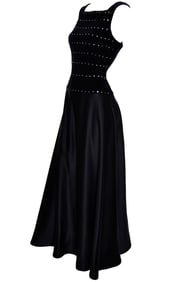A Vintage 1990s Black Satin & Velvet Tadashi Shoji Evening Dress w Rhinestones