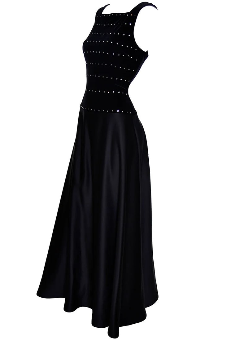 A Vintage 1990s Black Satin & Velvet Tadashi Shoji Evening Dress w Rhinestones (1 of 6)