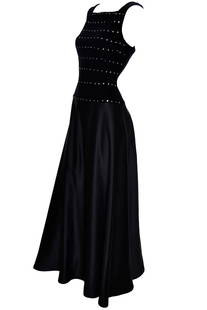 A Vintage 1990s Black Satin & Velvet Tadashi Shoji Evening Dress w Rhinestones: Labeled size 6. Measures total length of 58" total length, 17" armpit to armpit, 26" waist.