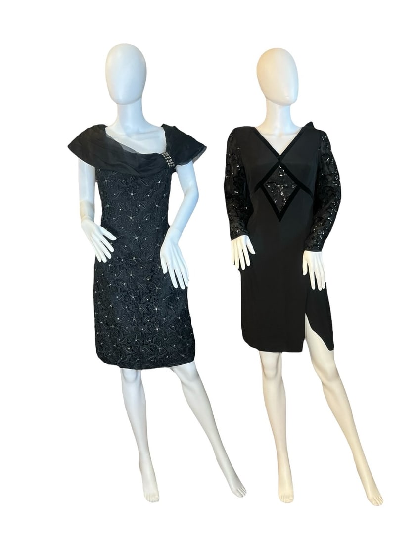 Two ESCADA & LILLIE RUBIN Black Dresses: Escada dress is a tagged size 38, 18" armpit to armpit, 32" waist, 24" sleeve length. Lillie Rubin dress measures 38" total length, 18" armpit to armpit, 32" waist and is tagged as size 14.