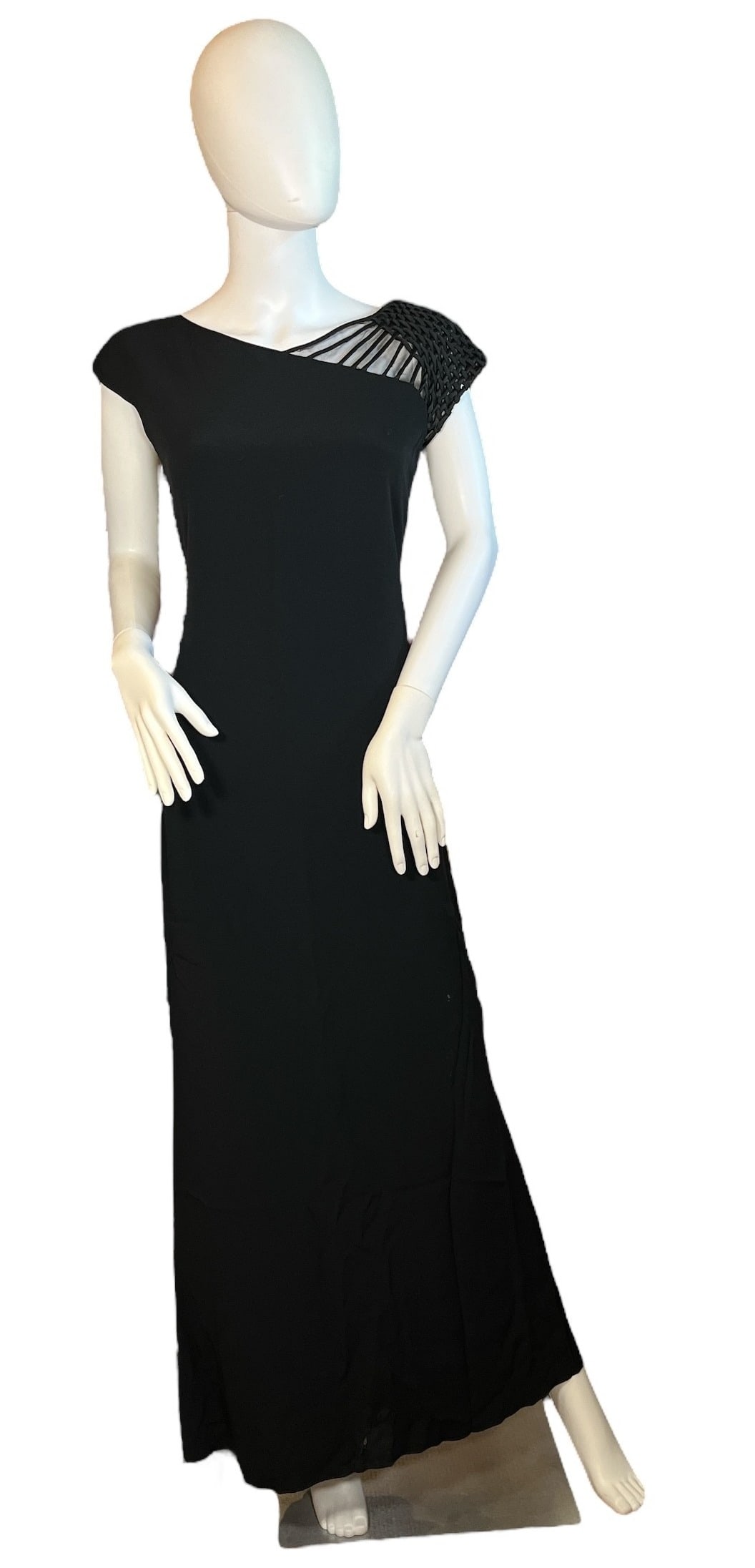 Vintage VALENTINO Black Silk and Mesh Dress: Features an asymmetrical shoulder with woven detailing. Tagged a size 8, measures 56" total length, 16" armpit to armpit, 32" waist.