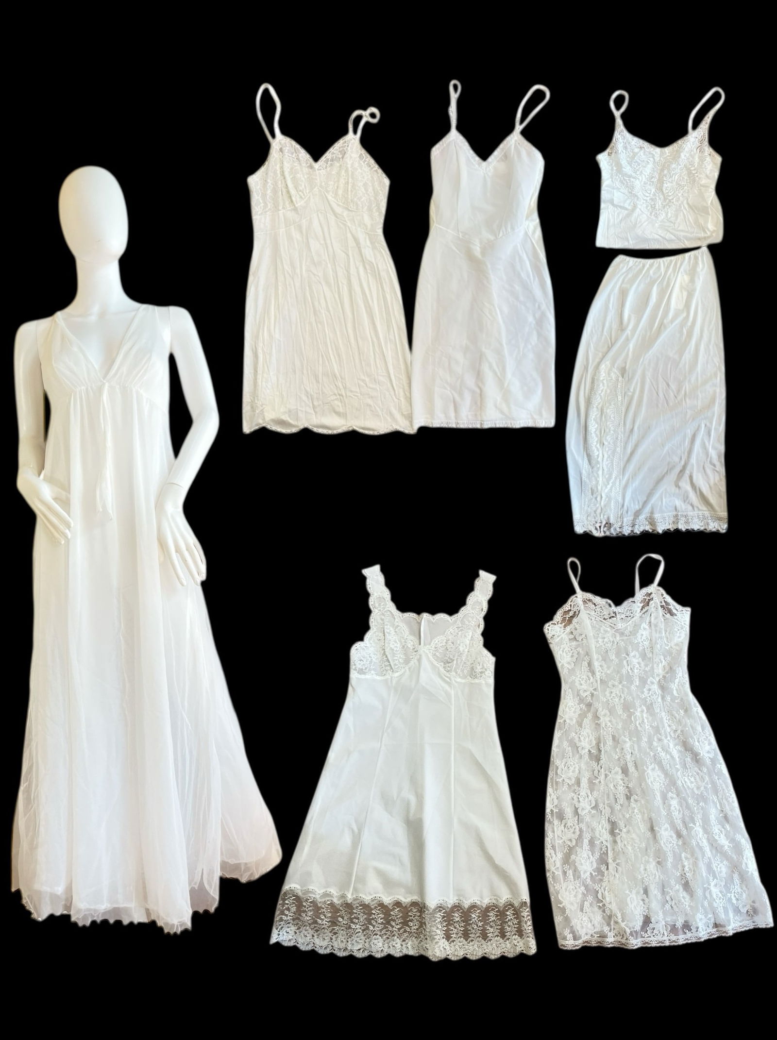 Collection of Vintage Silk and Lace White Nightgowns: Includes six silk and lace nightgowns and one shirt and matching half slip. Longest nightgown measures 51" total length and would fit a M-L.