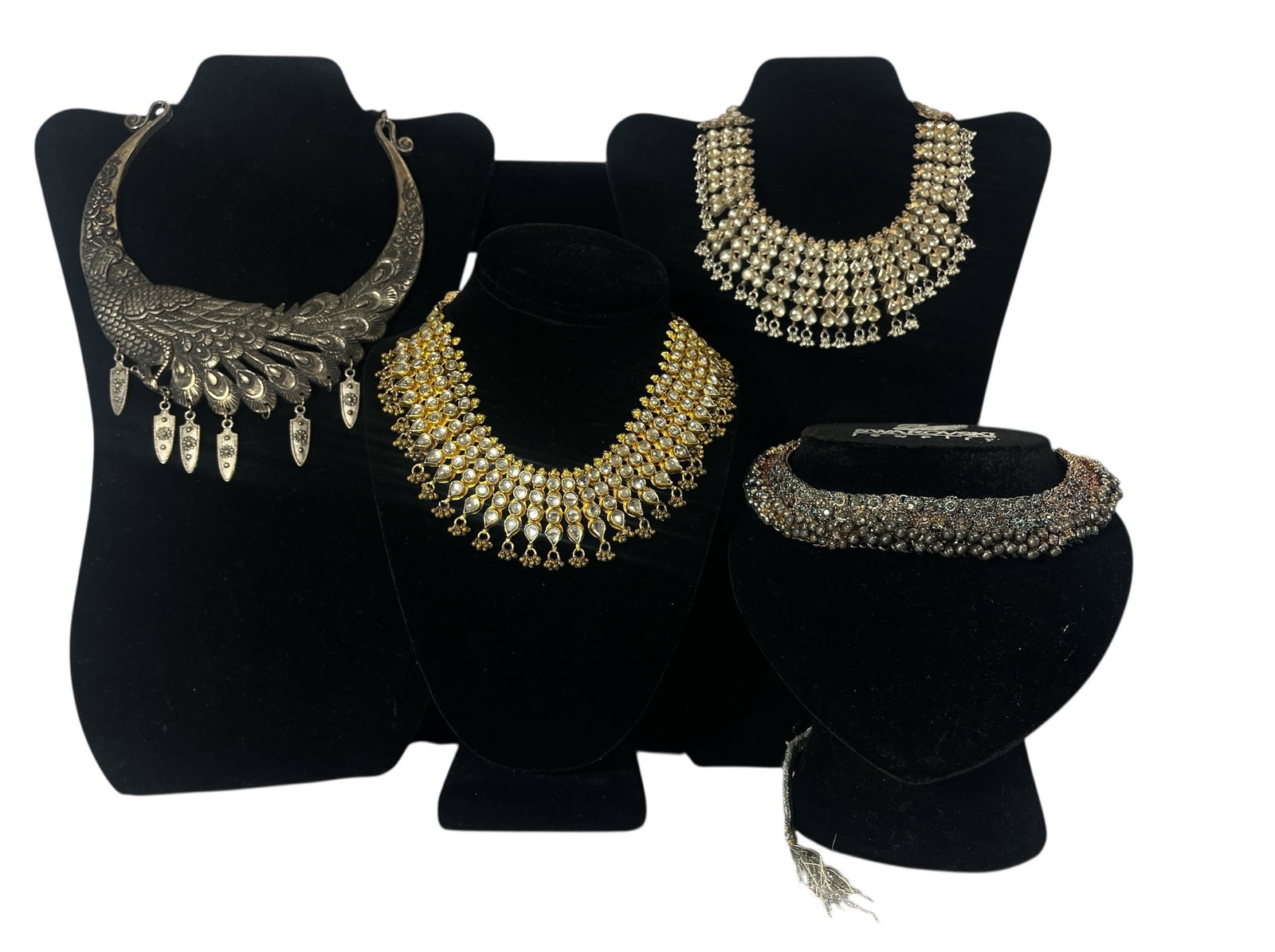 Four Gold & Silver Indian Choker Necklaces: Includes gold and silver toned metals. All four have a drawstring type closure that is adjustable.
