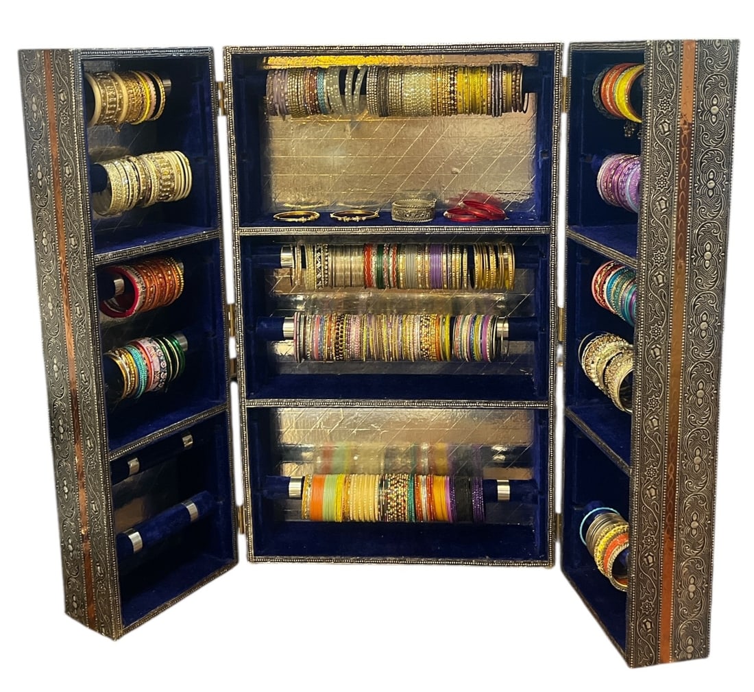 Large Collection of Traditional Indian Bangles & Jewelry Box: Jewelry box measures 30.5" H x 18" W x 9" D.