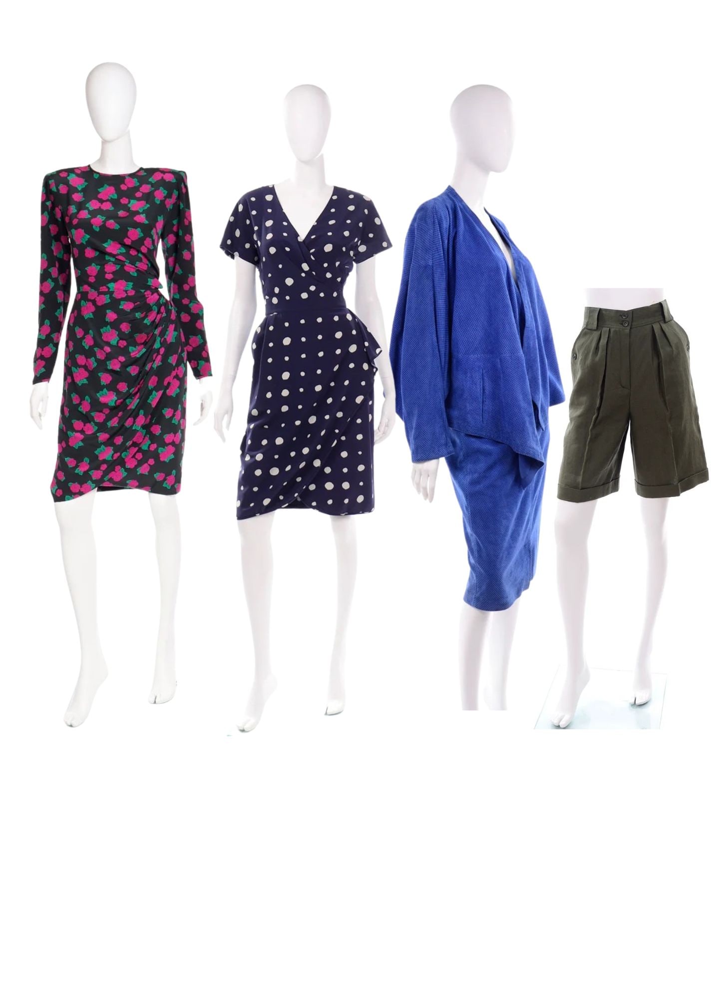 A Collection of 1980's-1990's Vintage UNGARO and ESCADA Clothing: 1980s Escada Army Green Linen High Waisted Shorts Deadstock tagged a size 4 and has original tags and measures 21.5" total length, 9.5" inseam, 24" waist. 1980s Escada Blue Polka Dot Suede Asymmetrica