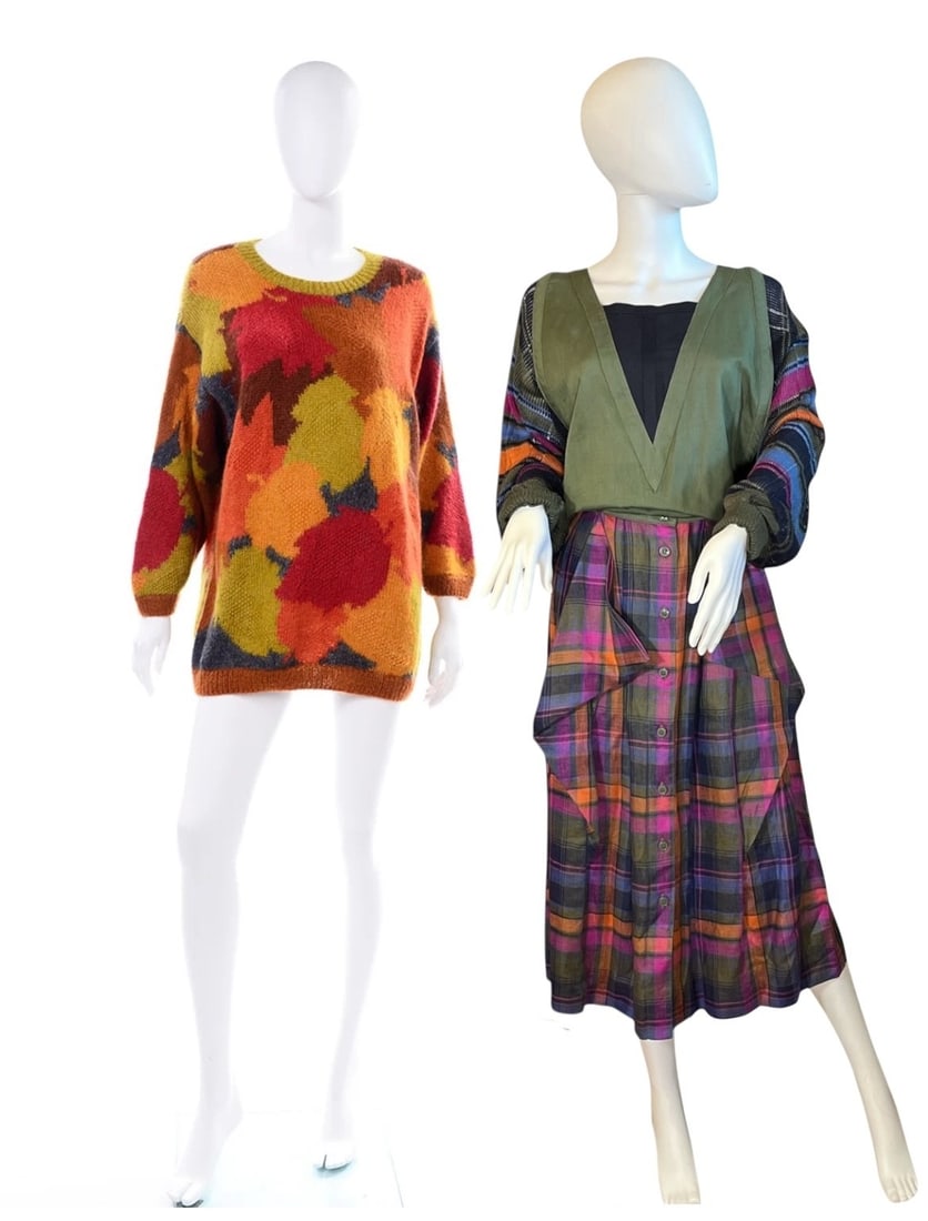 Vintage ESCADA and ANNE KLEIN Clothing: Lot includes a green and plaid sweater / skirt set by Escada and an Anne Klein abstract sweater. The Escada sweater measures 22.5" total length, drop sleeve with total length of 30", 25"-34" waist . T