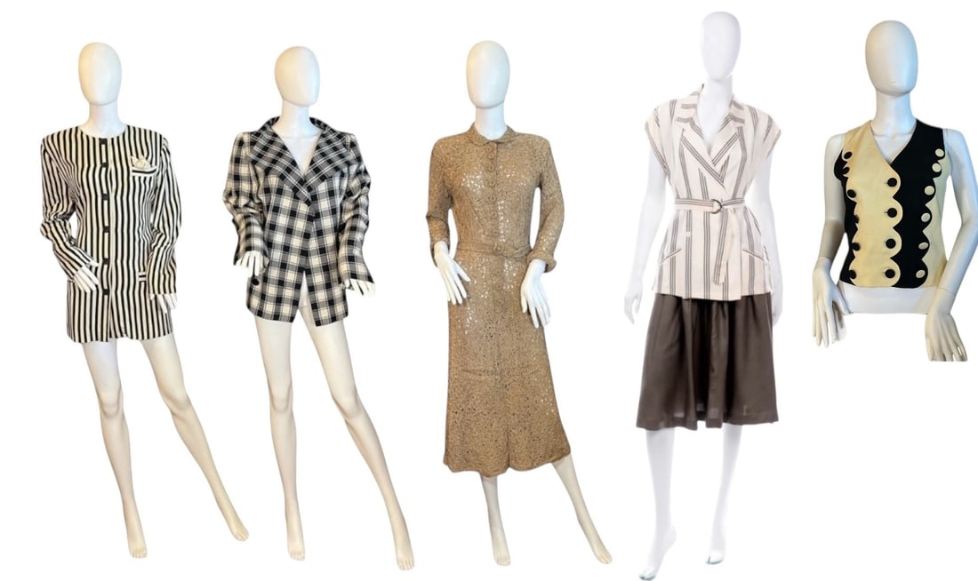 A Collection of Vintage Ladies Daywear, MOSCHINO: Moschino vest measures 17" total length, 15" armpit to armpit, 28" waist. A blouse and skirt by Matthew Lombardi with a top measuring up to 40" at the bust and 27" total length, and a skirt measuring