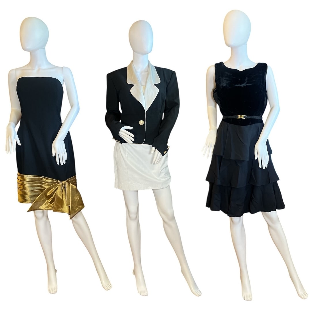 A Collection of Vintage Ladies Evening Wear, ALBERT NIPON: Strapless Morton Myles dress measures 30.5" total length, 16" armpit to armpit, 30" waist. Albert Nipon blazer is a tagged size 10, measures 30" total length, 19" armpit to armpit, 36" waist, the Albe