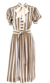 A Vintage 1970s Albert Nipon Vintage Brown Cream Striped 2pc Silk Dress w Bow