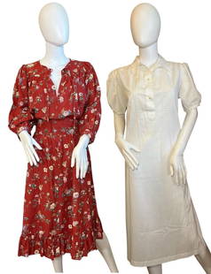 Two Vintage 1970s California Prairie Style Dresses, ORA FEDER, UNGARO: White Ora Feder measures 46" total length x 22" armpit to armpit, open waist and a red floral Ungaro dress that would fit size S-XL that has a 44" total length and 20" sleeve length.