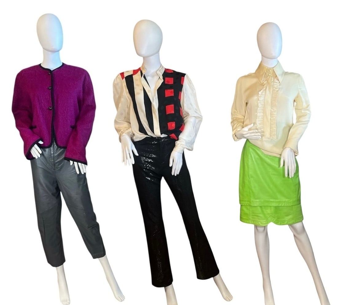 Collection of Vintage Ladies Evening Wear, ESCADA, ANNE KLEIN, GUY LAROCHE: Guy Laroche purple wool blazer is tagged a size 38 and measures 22" total length, 19" armpit to armpit, 23" sleeve length. Sans Souci grey leather pants are tagged a size 13, measure 37" total length,