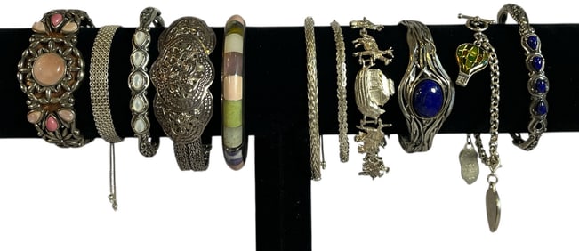 Collection Vintage Sterling Silver Cuff, Charm, and Bangle Bracelets