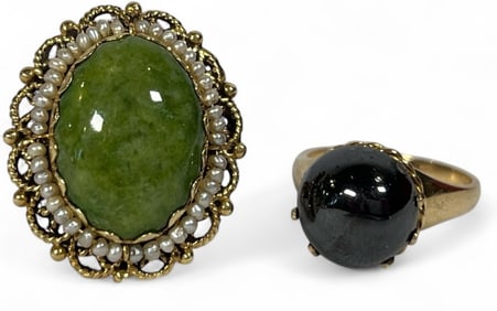 Two 14k Gold, Jade, and Hematite Rings